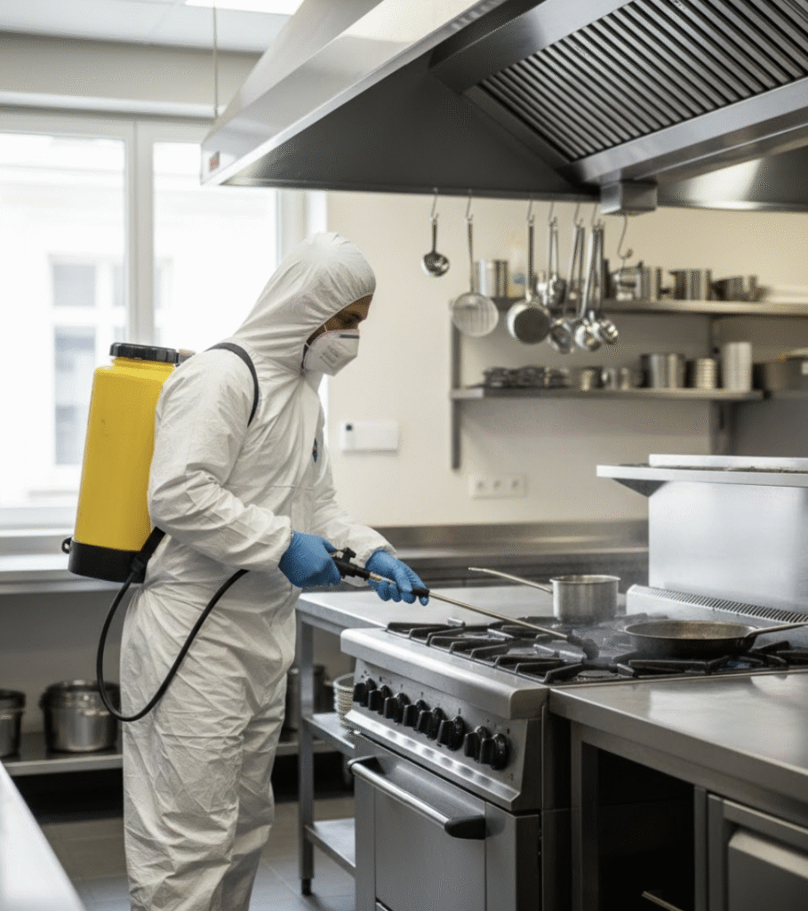 Technicien Hygiène et Nuisible en tenue de protection effectuant une désinsectisation de cuisine professionnelle à Paris pour mise en conformité HACCP.