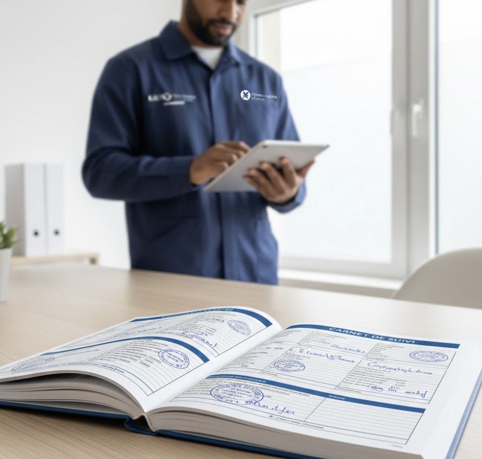 Carnet de suivi sanitaire ouvert sur une table avec rapports et tampons officiels, un technicien Hygiène et Nuisible en arrière-plan utilisant une tablette numérique.