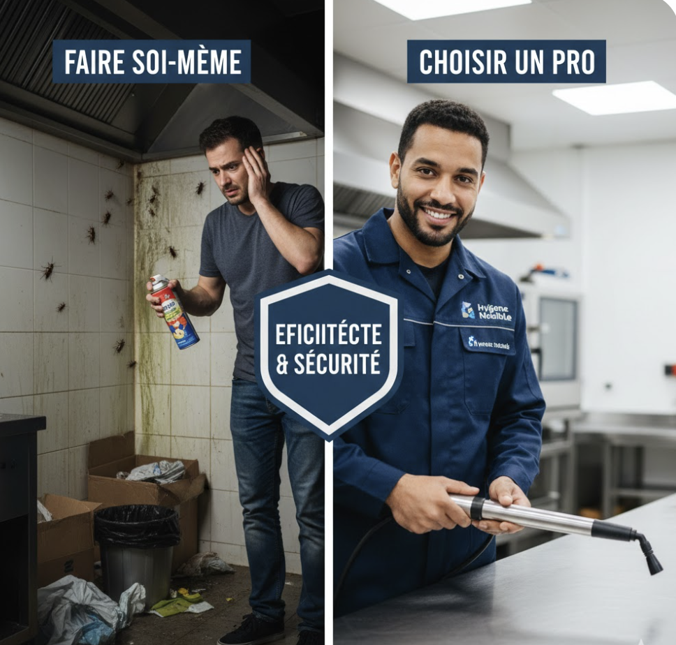Comparaison entre un particulier en difficulté avec un spray de grande surface et un expert Hygiène et Nuisible équipé d'un matériel professionnel dans une cuisine propre.