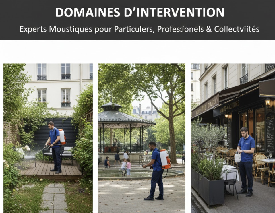 Intervention de démoustication à Paris et IDF : traitement d'un jardin privé, désinfection d'un parc public (collectivités) et sécurisation d'une terrasse de restaurant contre le moustique tigre.
