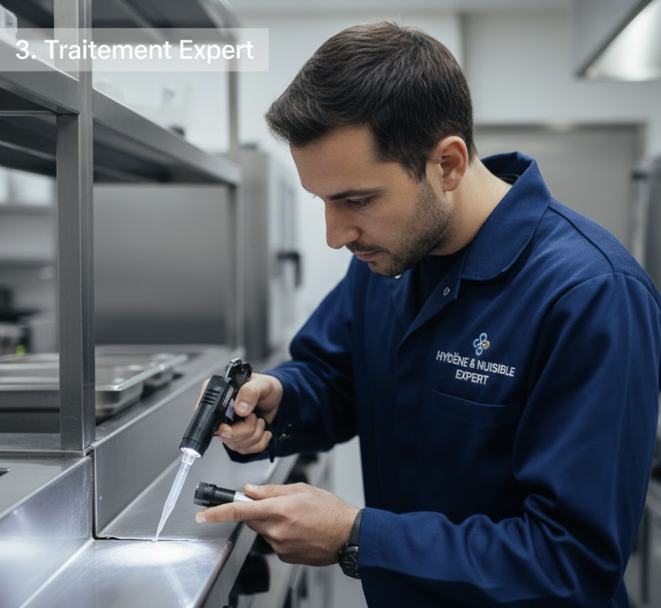 Technicien Hygiène et Nuisible Expert appliquant un traitement de précision par gel insecticide dans une cuisine professionnelle en inox.