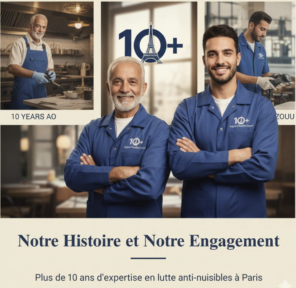 Portrait de l'équipe Hygiène et Nuisible célébrant plus de 10 ans d'expertise en dératisation et désinsectisation à Paris, avec un logo anniversaire et des scènes d'intervention.