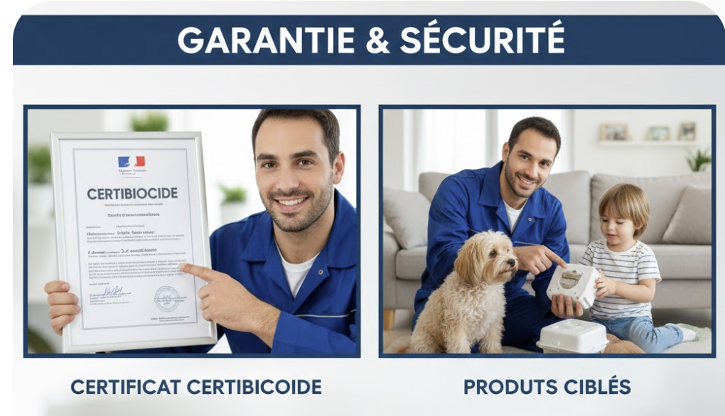Garanties Hygiène et Nuisible : technicien certifié Certibiocide, produits sans danger pour enfants et animaux, et suivi d'intervention sur smartphone.