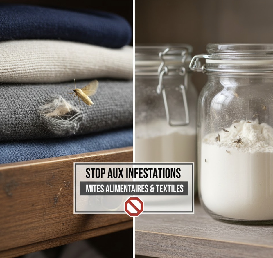 Dégâts de mites textiles sur des vêtements en laine et présence de mites alimentaires dans des bocaux de farine : solutions d'éradication Hygiène et Nuisible.