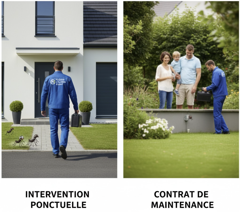 Comparatif services particuliers : à gauche, technicien intervenant pour une urgence ponctuelle ; à droite, expert conseillant une famille dans leur jardin dans le cadre d'un contrat de maintenance annuel.