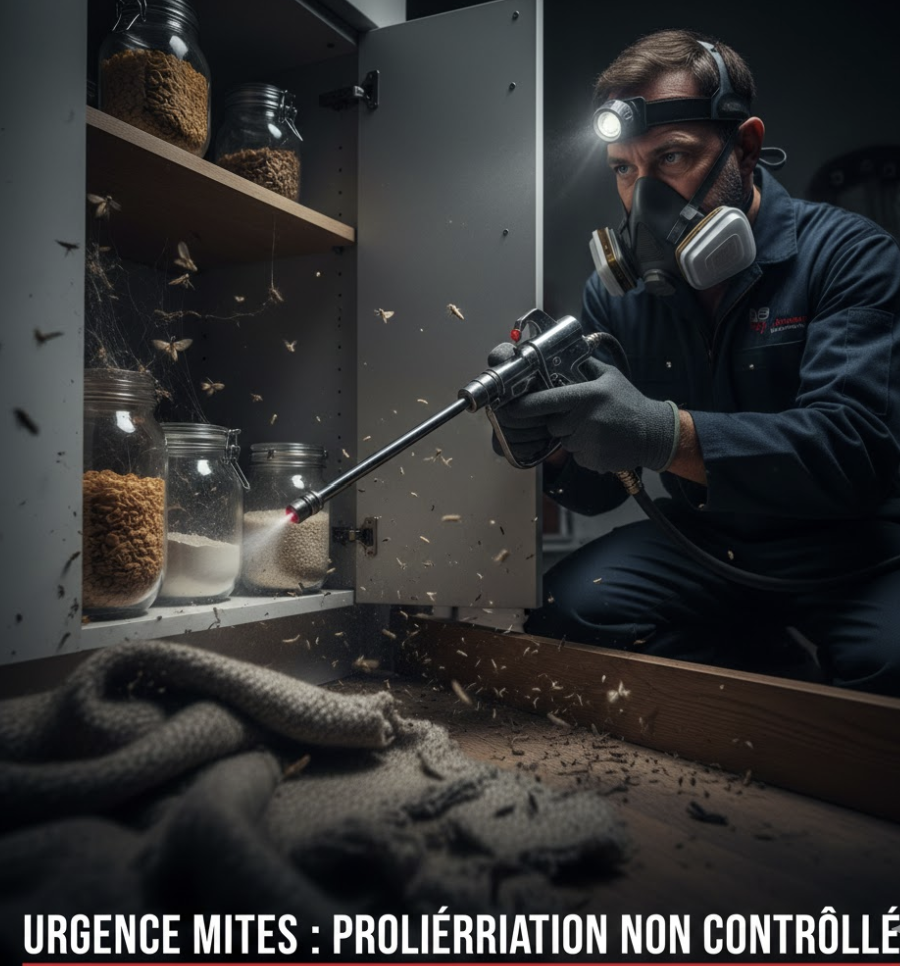 Technicien expert en désinsectisation avec masque de protection traitant une infestation massive de mites alimentaires dans un placard de cuisine à Paris.