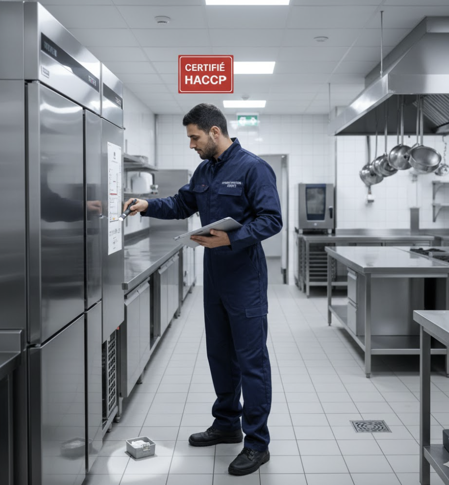 Expert en hygiène réalisant un audit HACCP dans une cuisine professionnelle en inox. Le technicien contrôle un point de détection de nuisibles près d'un réfrigérateur industriel avec une tablette de suivi.