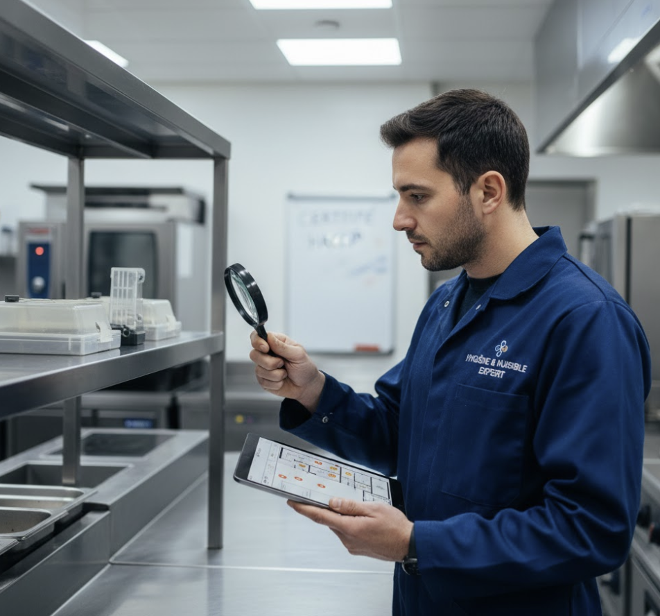 Technicien expert Hygiène et Nuisible présentant un rapport de conformité validé sur tablette à un responsable d'entreprise dans un environnement professionnel propre.