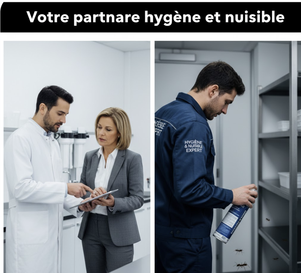 Expert en gestion des nuisibles et hygiène : un technicien en tenue professionnelle traitant une zone de stockage contre les insectes et une consultation avec un responsable qualité en laboratoire.