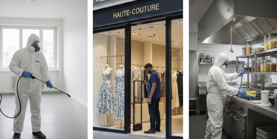 Techniciens Hygiène et Nuisible en combinaison de protection intégrale effectuant une décontamination de locaux professionnels à Paris.