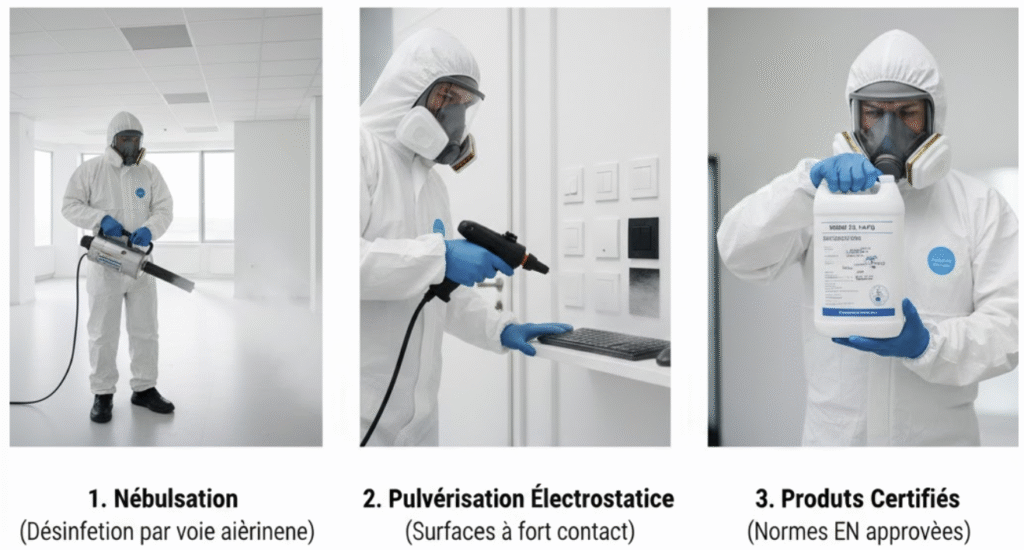 Protocoles de désinfection professionnelle Hygiène et Nuisible : nébulisation par voie aérienne, pulvérisation électrostatique des surfaces et utilisation de produits virucides certifiés normes européennes EN.