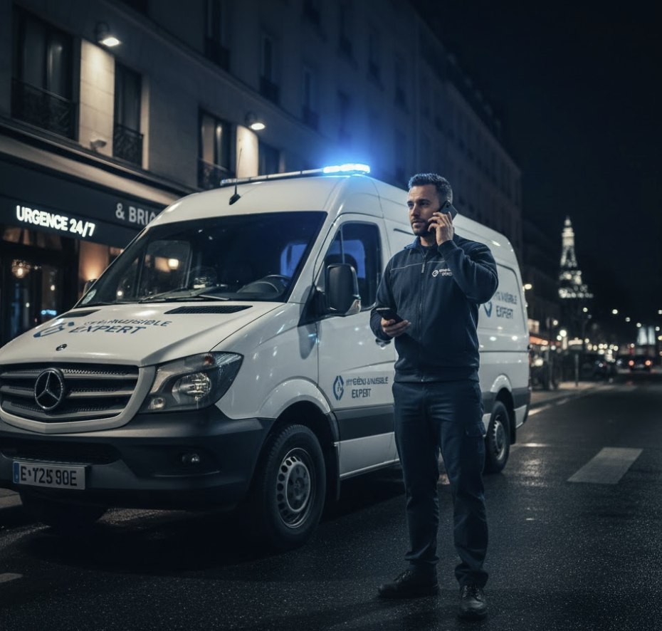Camion d'intervention Hygiène et Nuisible Expert garé de nuit dans une rue de Paris avec gyrophares allumés, illustrant un service d'urgence 24h/24.